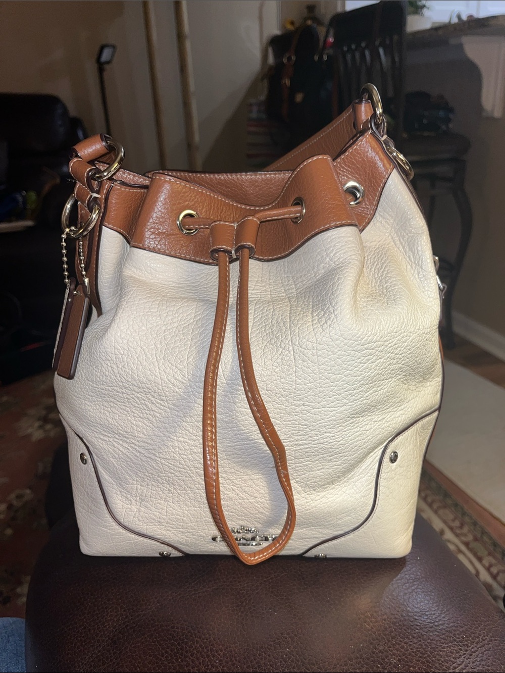 Coach Y2K Mickie Drawstring Spectator Pebbled Leather Bucket Handbag.